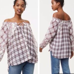 ANN TAYLOR LOFT BOHO MULTI MEDIA PAISLEY PLAID OFF SHOULDER CHIFFON BLOUSE TOP S